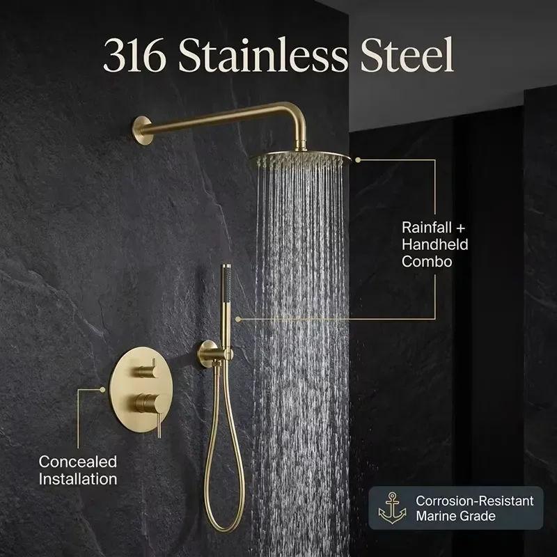 SUS316 Hotel Round Bath Shower Mixer Set Wall Embedded Stainless Steel Rain Shower Faucet Set Wall Mounted Shower Mixer Set