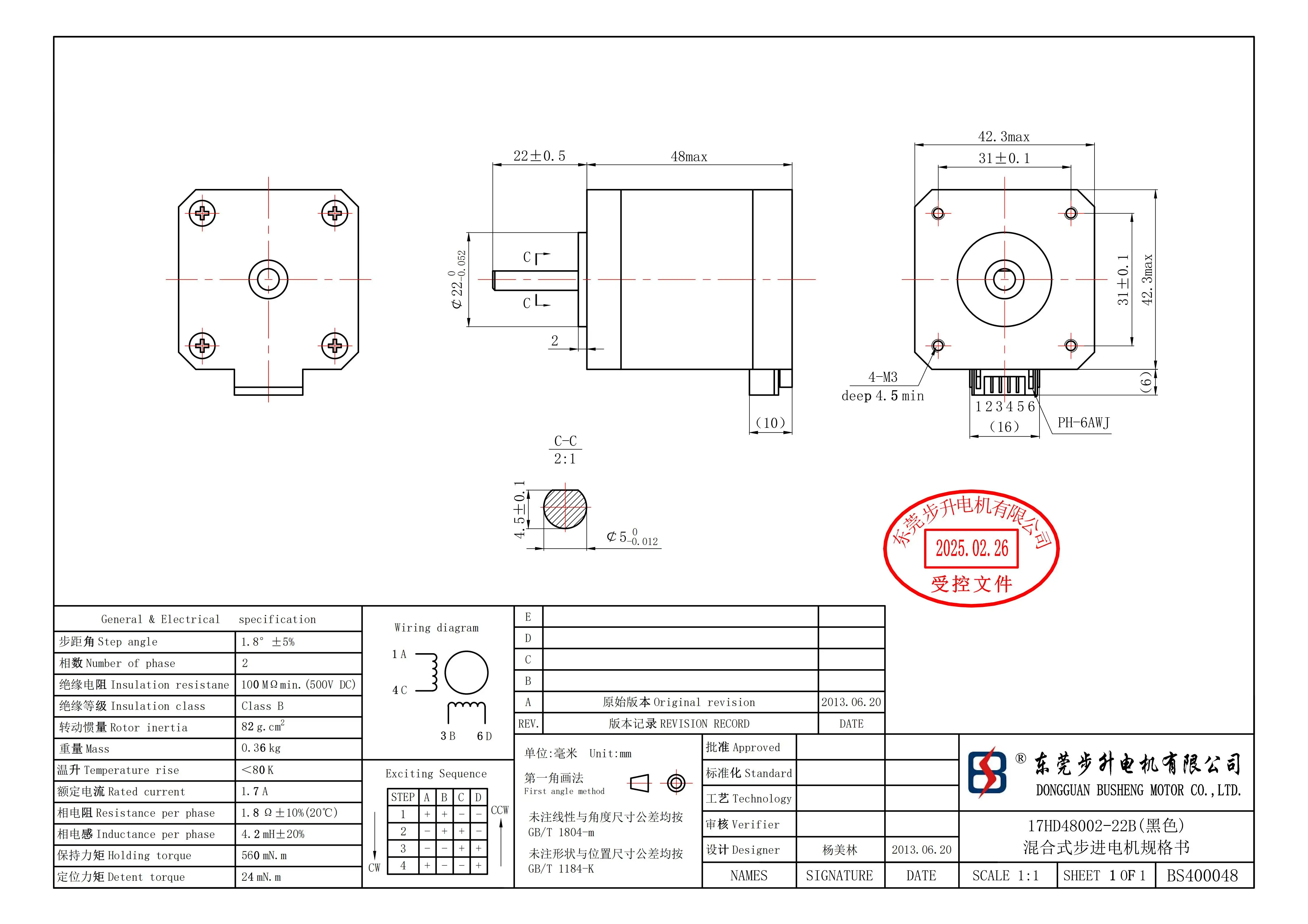 Nema17 ステッピングモーター 17HD48002-22B 1.7A 0.56N.m 1.8度分解能 3Dプリンター モニター DIY CNC彫刻機用