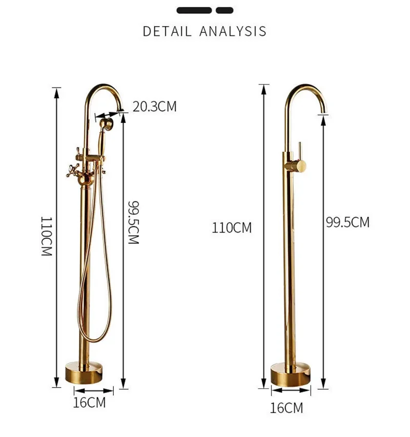   Rubinetto per vasca da bagno dorato + doccia portatile Rubinetti per vasca da bagno a cascata di lusso autoportanti montati a pavimento