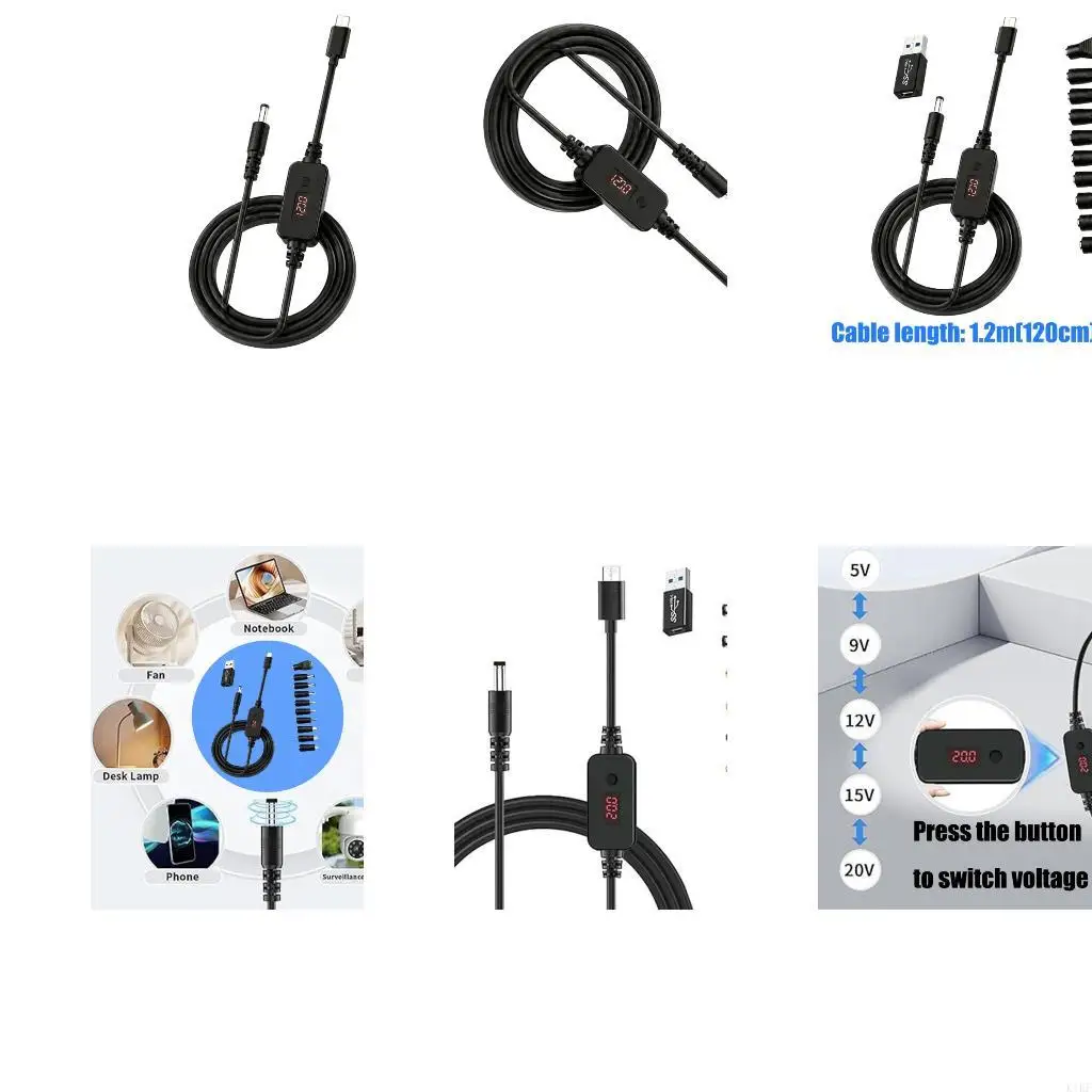 USB C to Round Tip Power Cable with Digital Readout, Voltages Adjustable 5V-20V Output for Worktable Electronics Use 120cm K1KF