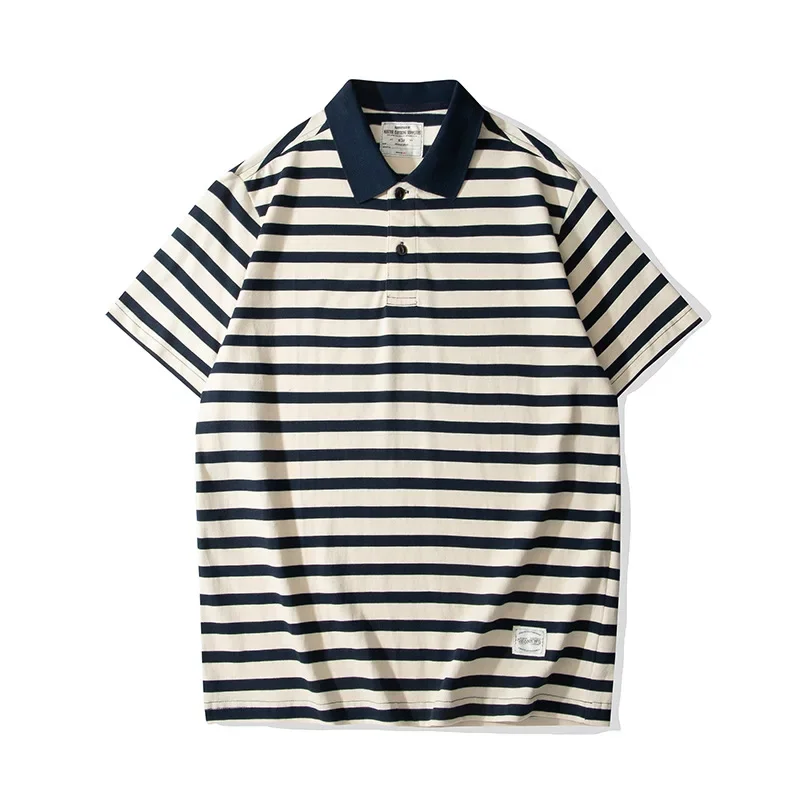 

Summer New American Retro Navy Stripe Fashion Polo Shirt Men's Simple Pure Cotton Short Sleeve Youth Casual T-shir