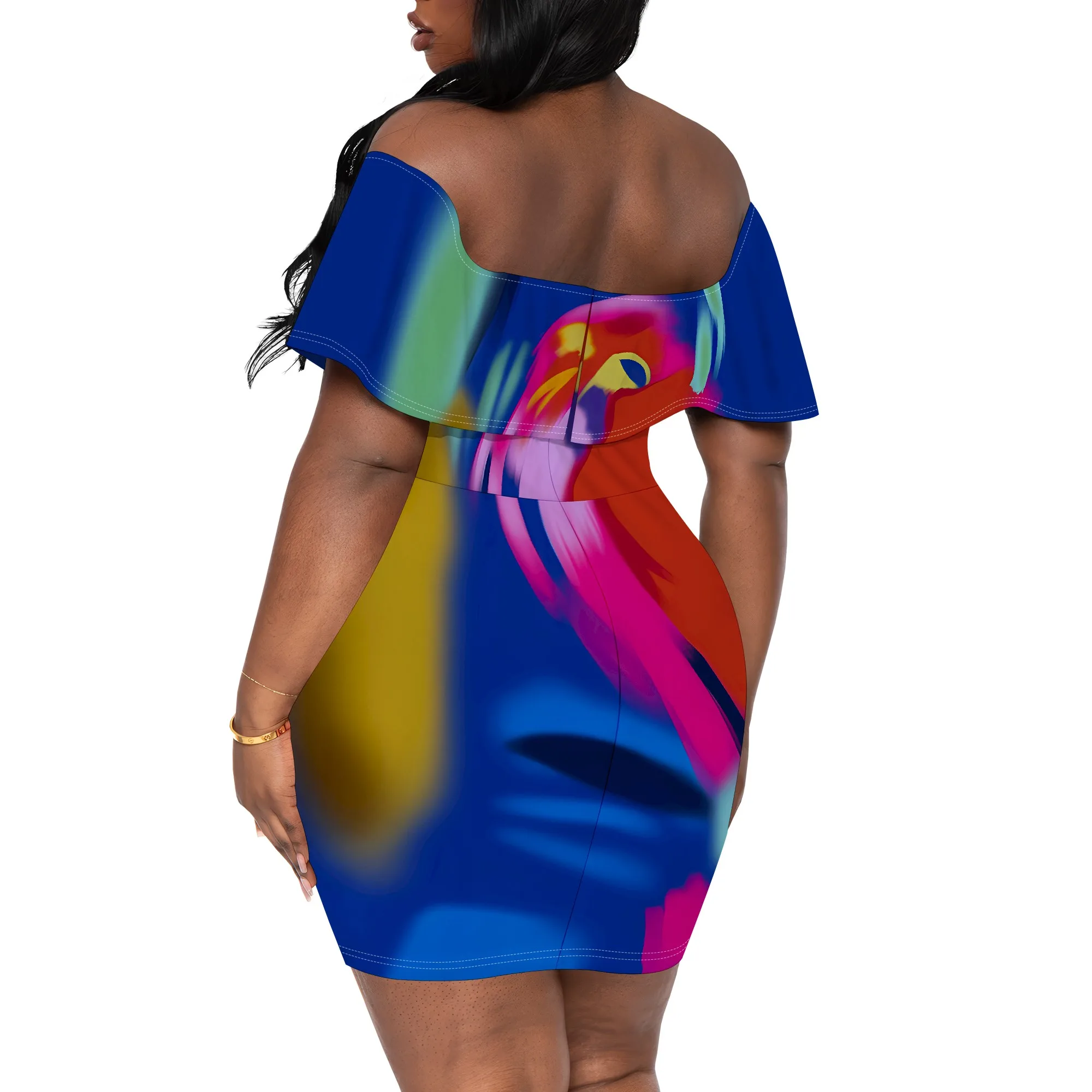 Women's Tight Hips-Wrapped Geometric Off-Shoulder Ruffle Sleeve Short Dress Vibrant Cultural Party Plus Size with pockets