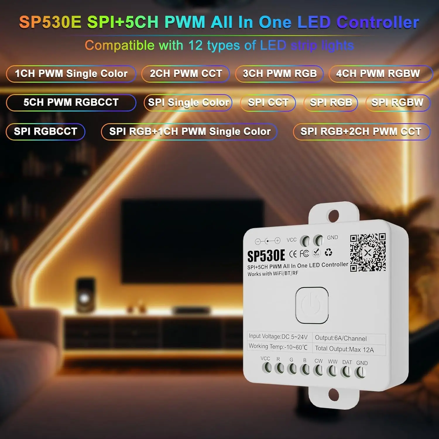 SP530E WiFi Alexa Controller LED Bluetooth Supporto PWM Monocromatico CCT RGB RGBW RGBCCT o SPI TTL IC Chip LED Strip/Matrix