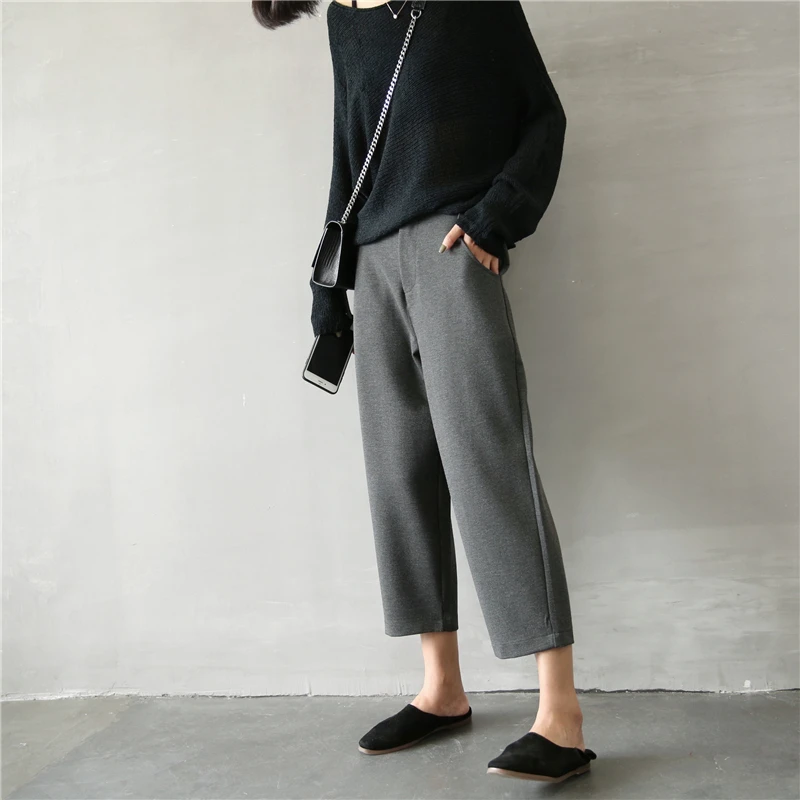 بنطلون نسائي كاجوال بخصر عالٍ ولون سادة، فضفاض بطول تسعة أرباع، على الطراز الكوري، عصري ومريح من مزيج القطن لتشكيل الساق