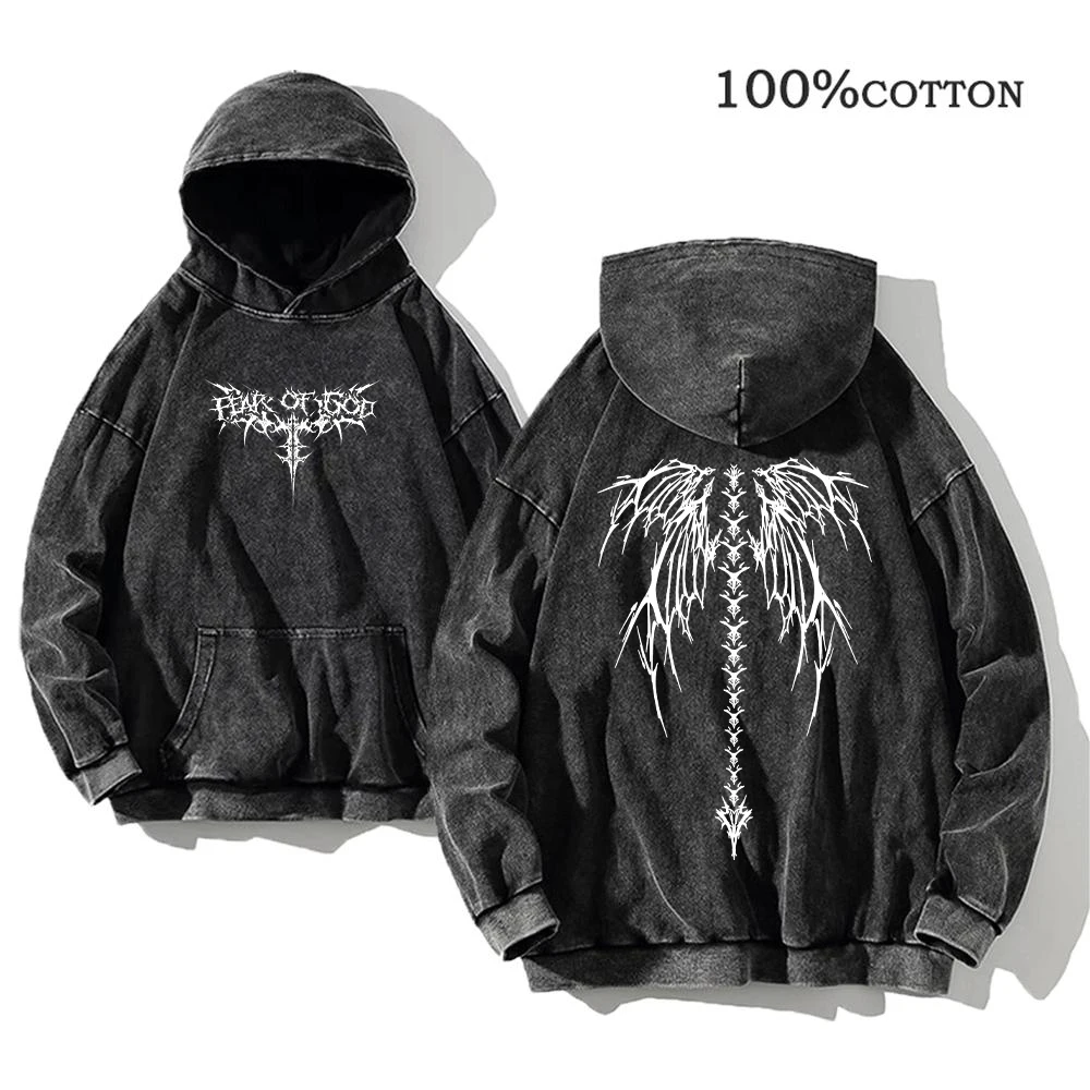 Men's Vintage Washed Hoodies Gothic Thorn Wing Print Pure Cotton Pullover For Autumn Casual Daily Commute And Streetwear Styles