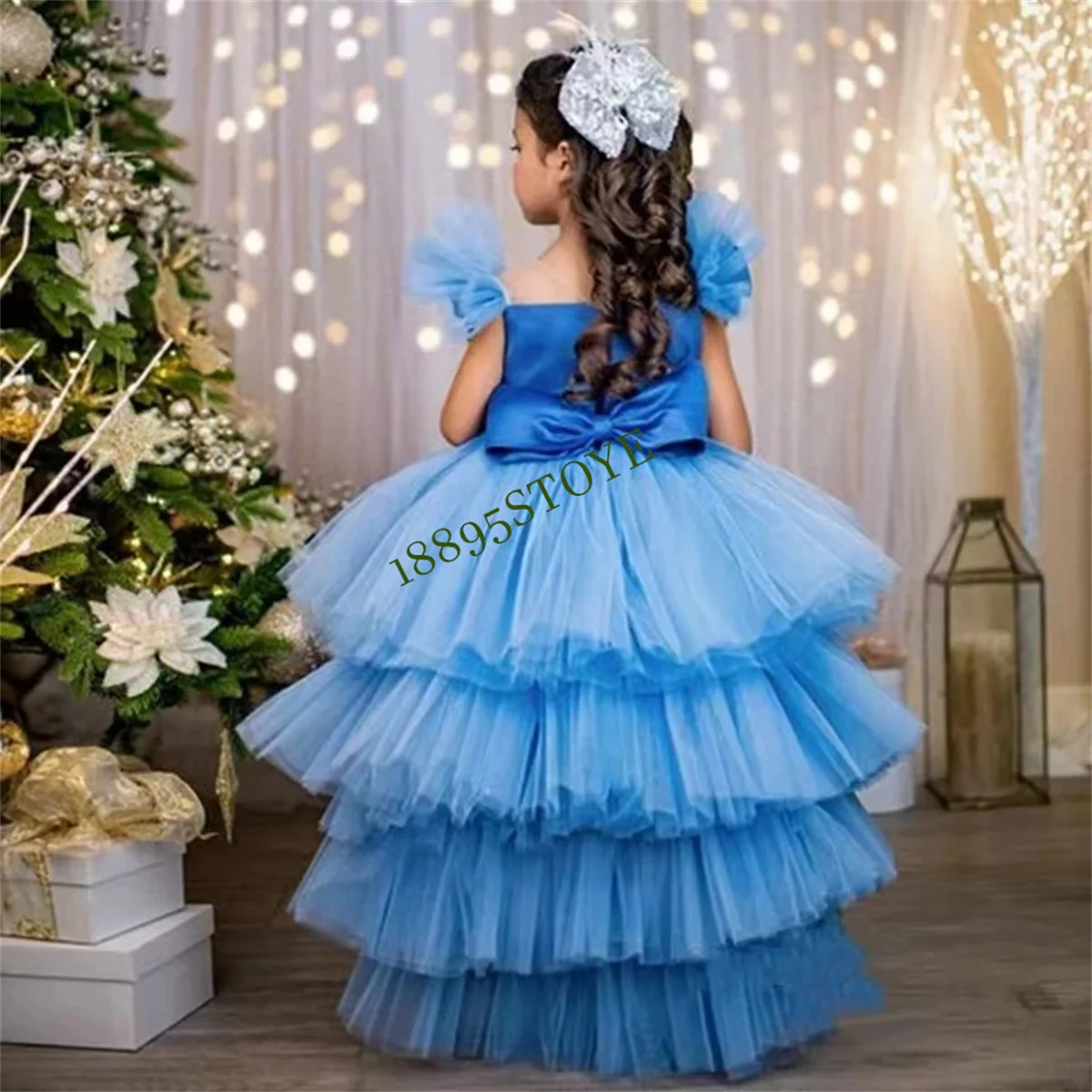 Blue Short Sleeves Flower Girl Dress 2024 For Weddings Tulle Appliques Girls Party Gown First Communion Dress Princess Ball Gown