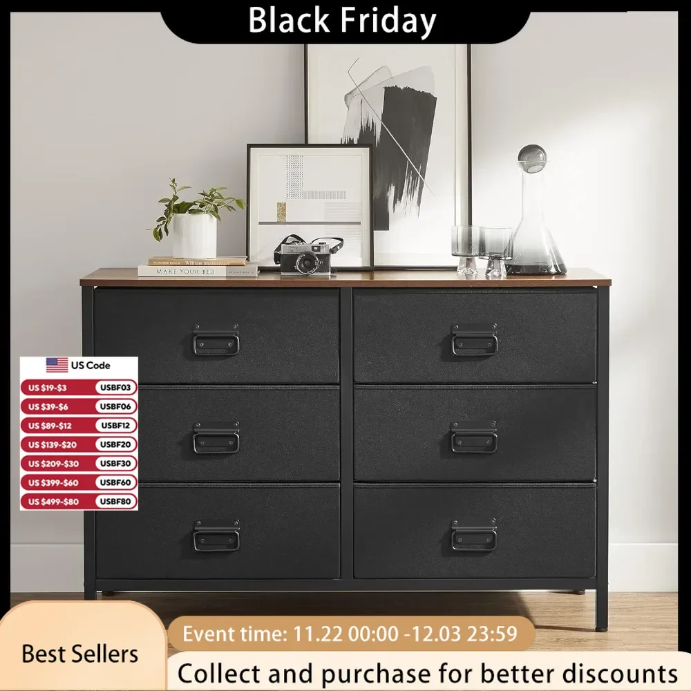 Steel Frame Black Dresser Dresser for Bedroom Makeup Table Storage Organizer Unit With 6 Fabric Drawers for -Living -Room Vanity