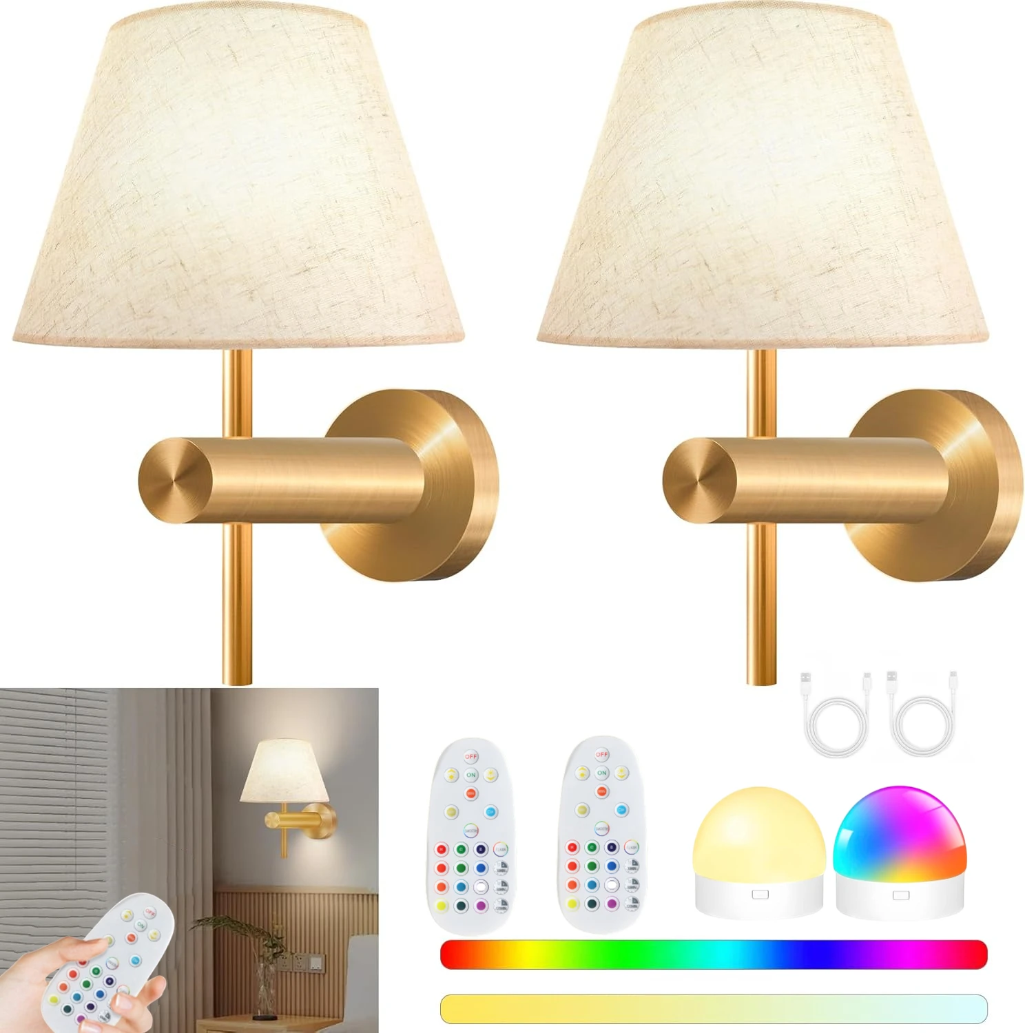 Cordless Rechargeable Battery-Powered Wall Light 12Rgb Wireless Charging Wall Light, with Remote Control, Dimmable Cordless Wall Light, Night Light with Magnetic Bulb, Suitable for Bedroom, Living Room