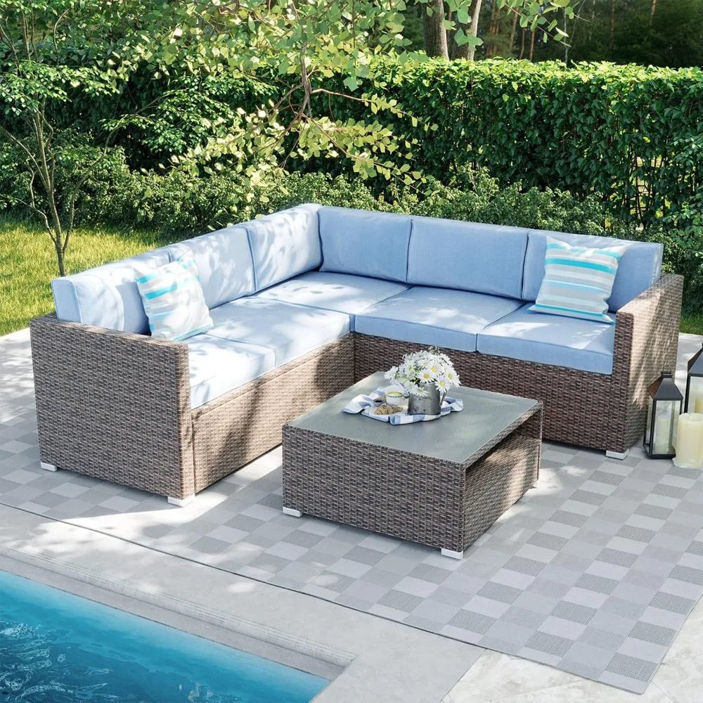 4-Piece Outdoor Sectional Sofa Patio Furniture Set w Blue Thick Cushions, Patio Conversation Set Outdoor Wicker Sofa w Tempered