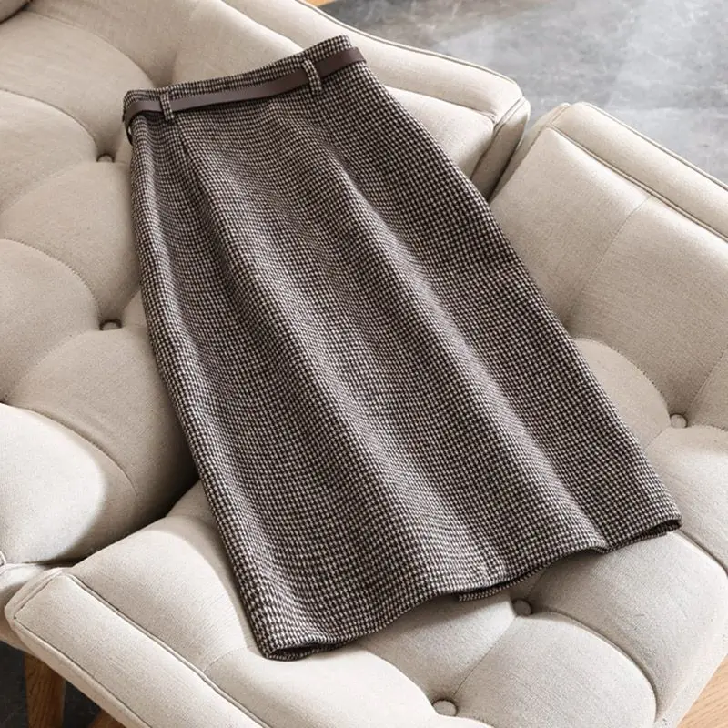 Koreaanse Mode Herfst Winter Vrouwen Effen Wollen Houndstooth Ritszakken Hoge Taille Split Chic Slim Midi A-lijn Hip Wrap Rok
