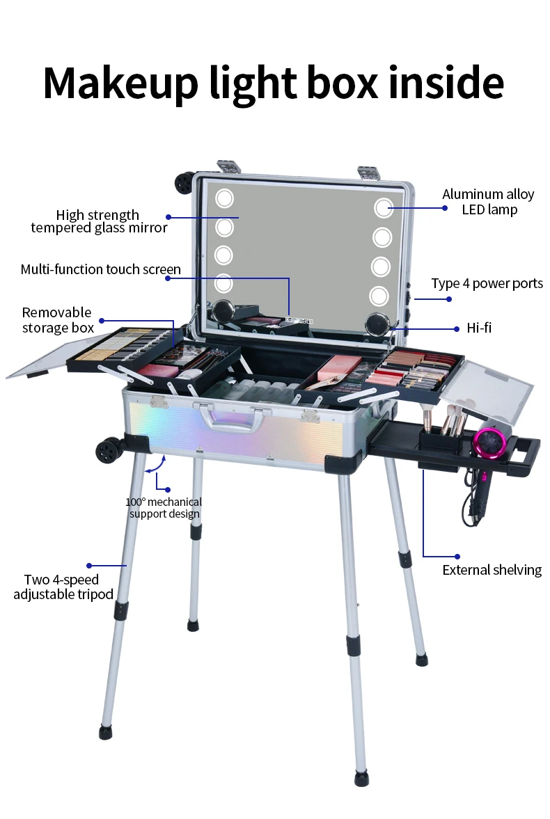 OBOX Super Factory Makeup Box Case With Led Mirror Light Suitcase For Professional Makeup Artist Solon Studio Workroom Station