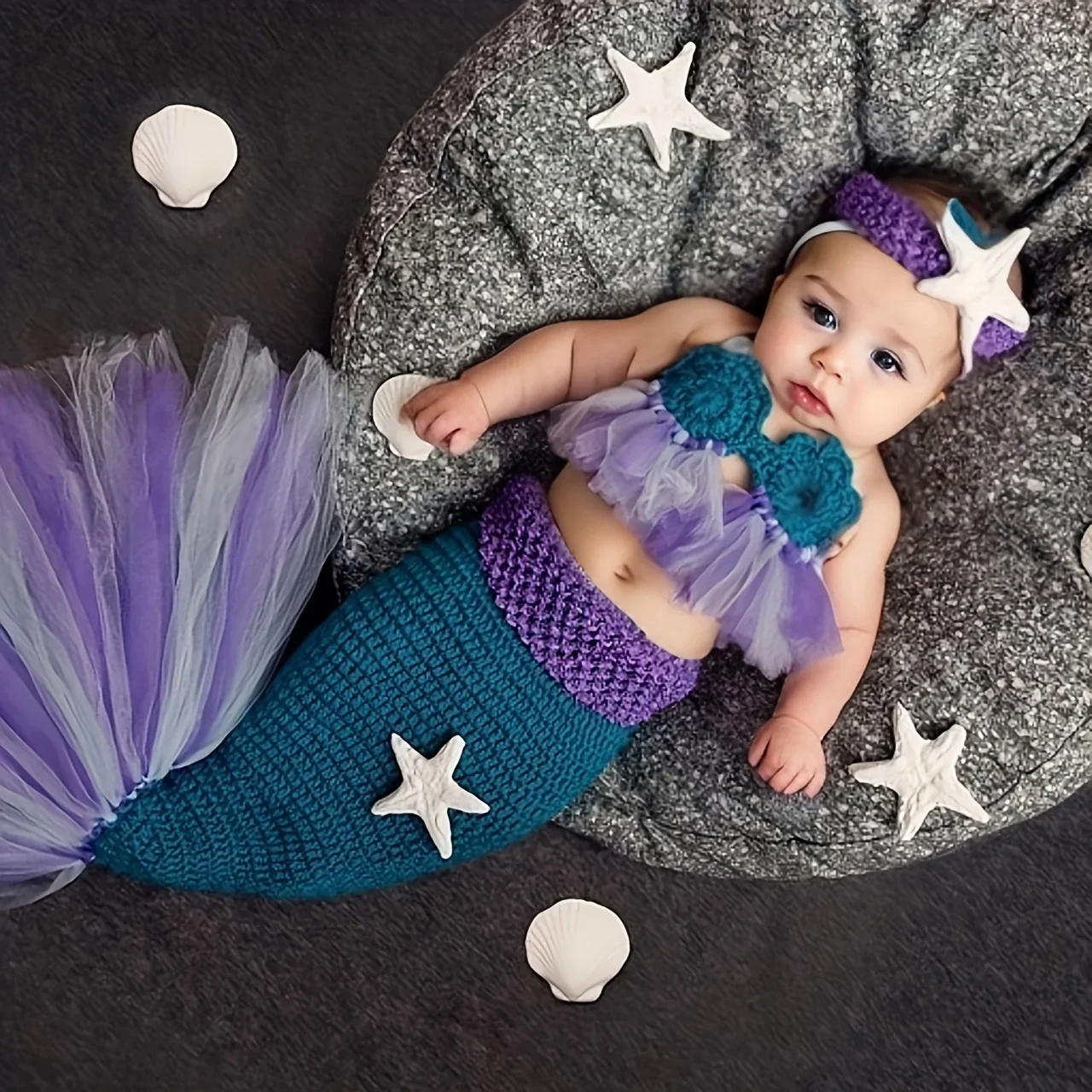 3pcs Knitted Mermaid Photography Clothing Baptism Gift Birthday Gift Dress Up Prop Newborn Photoshoot Outfit Shooting Romper