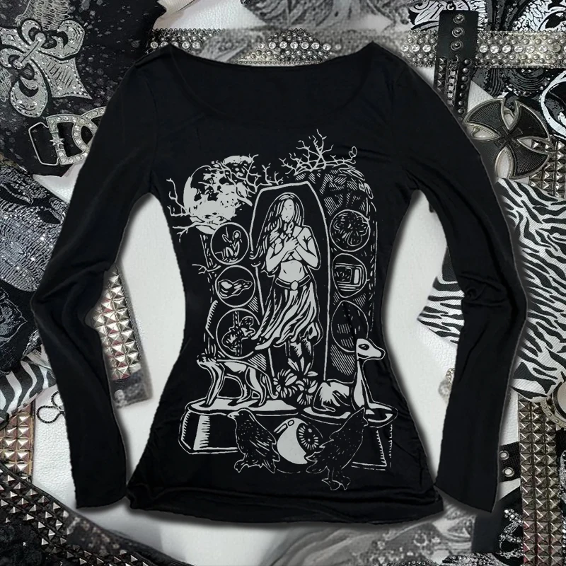 

Европейский и американский стиль Пасхальный принт Святой Мэри в стиле молитвы 90-х годов ретро футболка с длинными рукавами топ готический панк Harajuku Y2K
