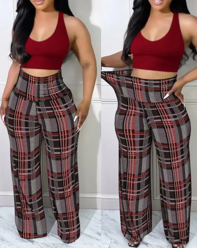 

Women's casual pants 2024 spring/summer new women's casual versatile daily plaid printed high waisted pants