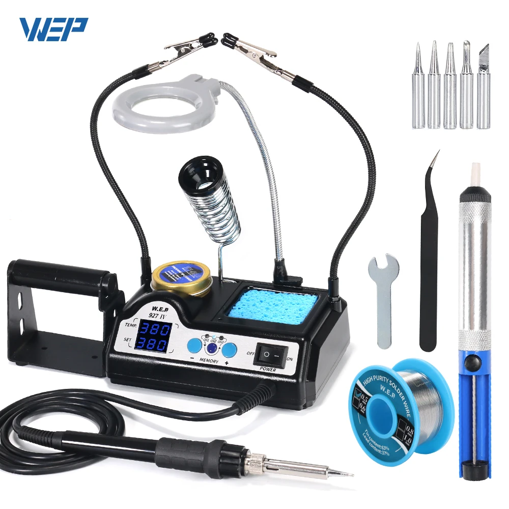 WEP 927-IV Magnifier Lamp Soldering Iron 60W with 2 Clips Memory Setting Digital Display Electric Soldering iron Kit 110V 220V