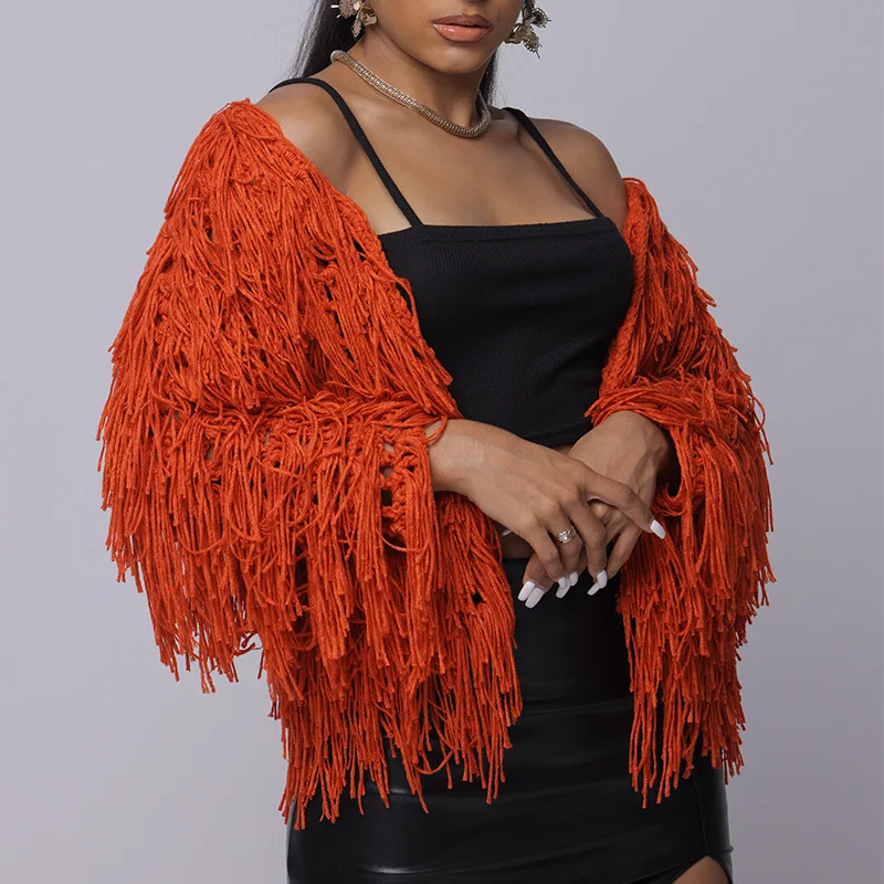 

NEW Women's Loose-fitting Tassel Hollow-out Solid Color Knitted Cardigan Sweater Short JacketEuropean and American Style