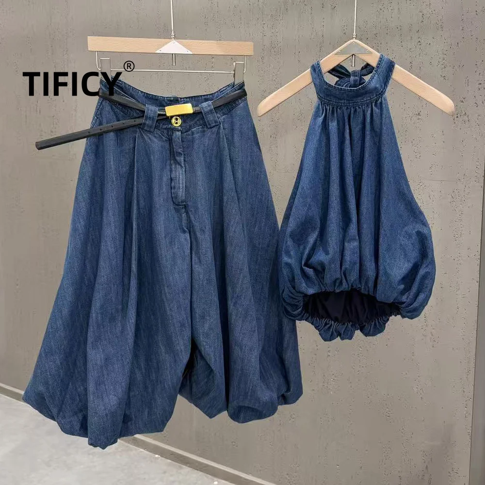 High Street Jean 2pcs Set Women's New Hanging Neck Backless Tank + Flower Bud 7-inch Pants Denim Suit