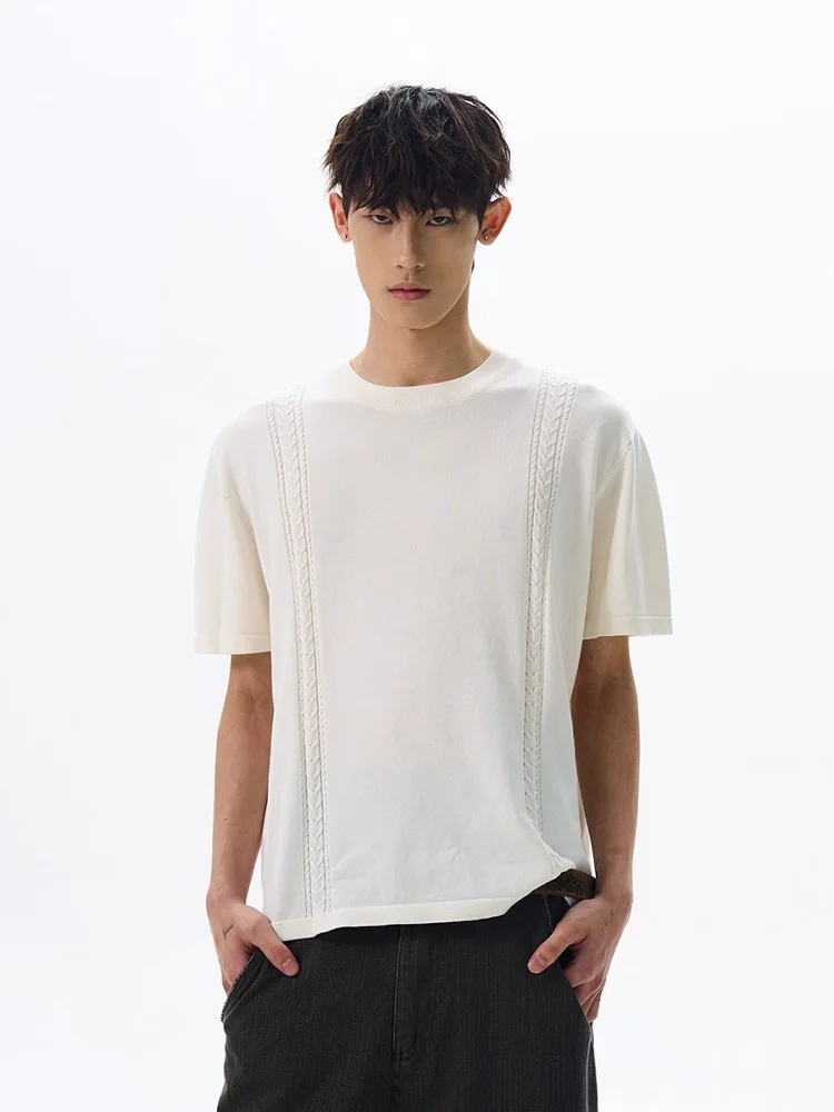 

Loose Fit Men's ort Sve Knitted T-irt American Retro Sle Breathable Summer Faion Casual round Ne Top