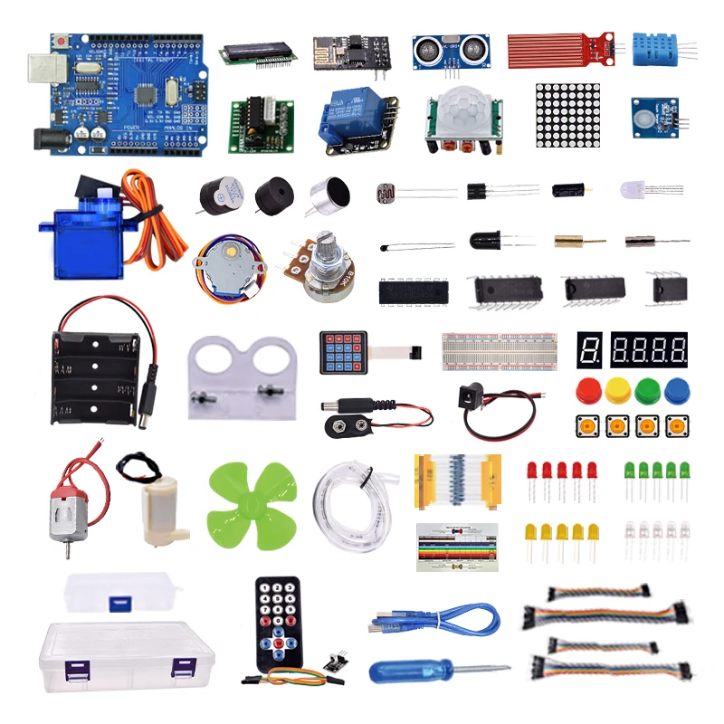 Super Starter kit with wifi module, 130 motor, HC-SR501, 1602, relay, water sensor, HC-sr04, RGB module for Arduino Diy Kit