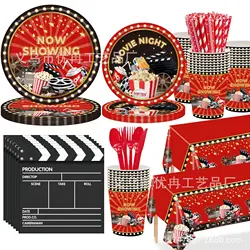 Movie Night Party Supplies Movie Theater Tablecloth Now Showing Banner Movie Theme Plates Napkins Tableware Set Movie Night Red