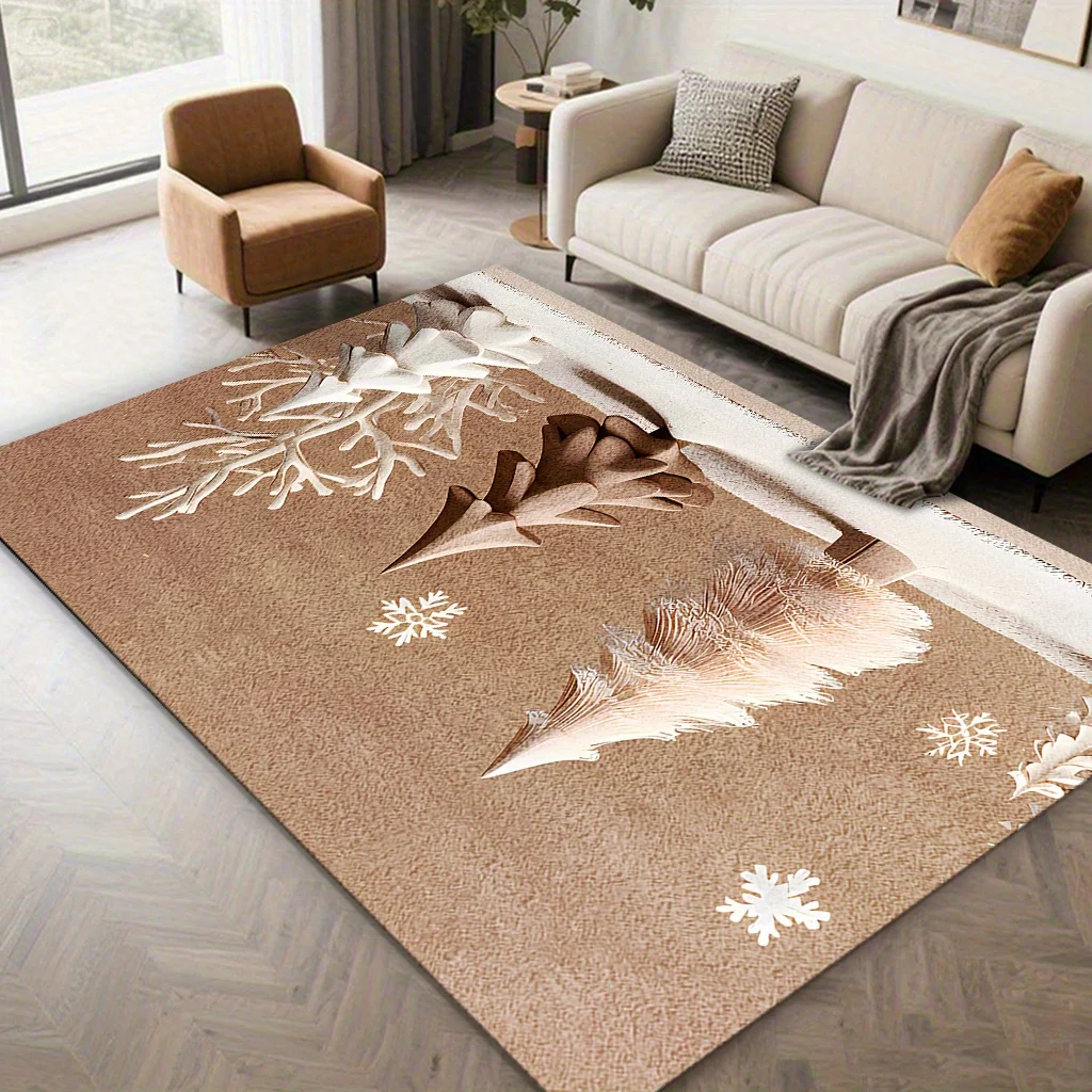 VIKAMA Xmas Living Room Rug Neutral Brown Winter Pine Tree Antler Snowflake Holiday Pattern Anti‑Slip Washable Indoor Floor Mat