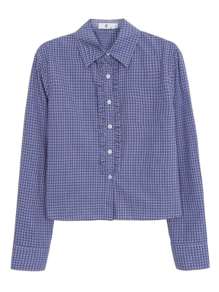HOUZHOU Blue Plaid Women Shirts Harajuku Long Sleeve Korean Fashion Ruched Blouses Loose Preppy Aesthetic Youthful Spring New