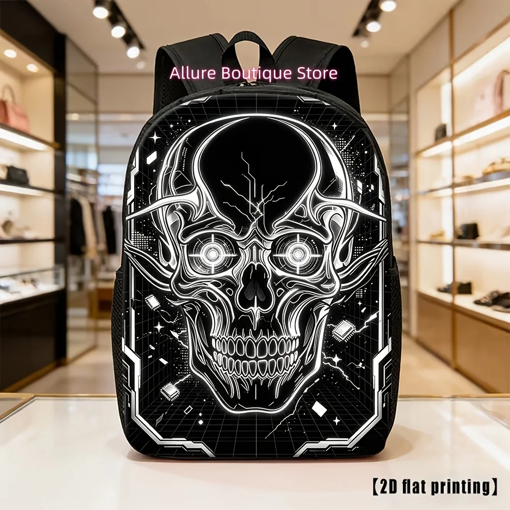Black And White Cool Line Art Futuristic Geometric Skeleton Print Casual Backpack, Unisex Lightweight Backpack Suitable for Dail