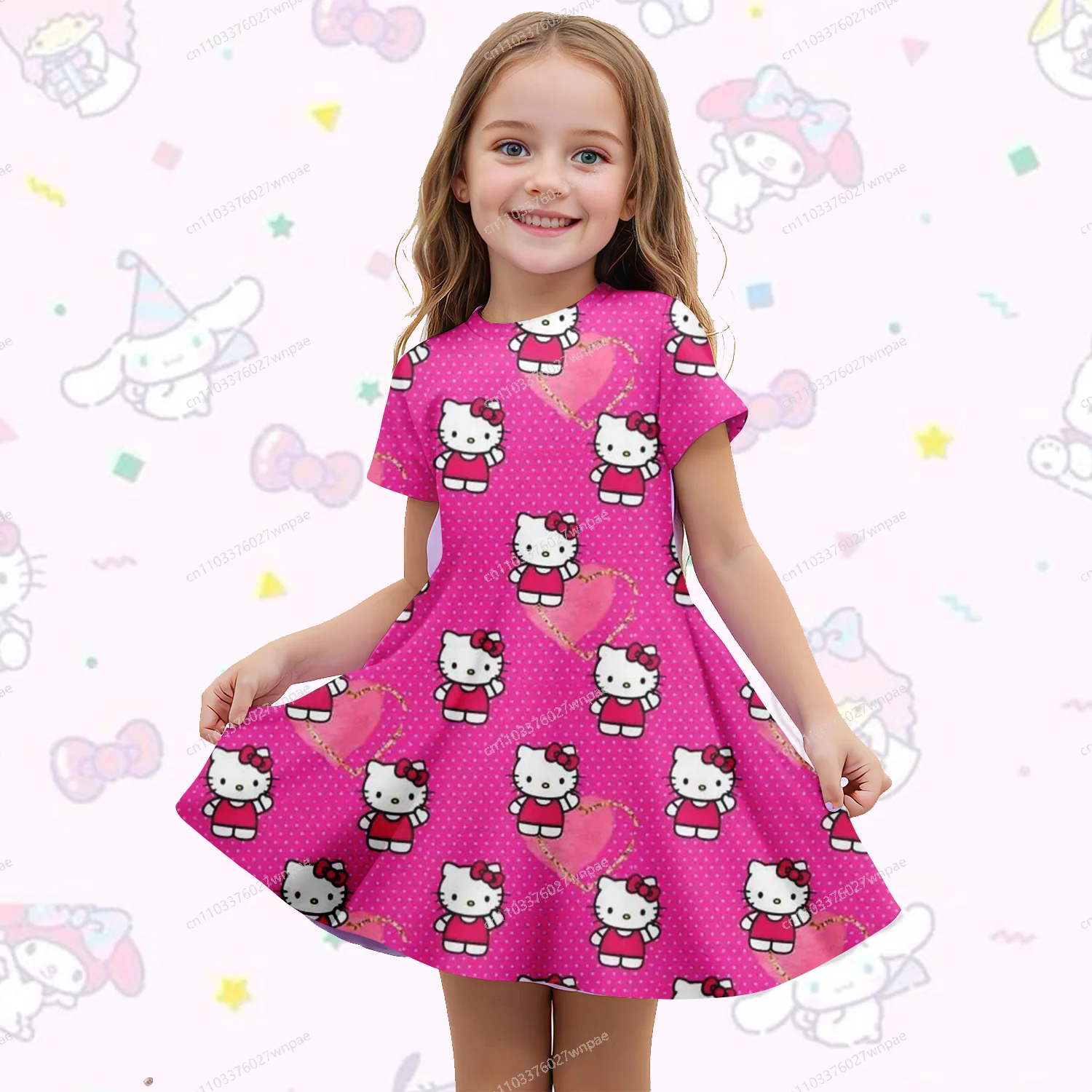 

Глобальное-горячее платье Sanrio Hello Kitty с короткими рукавами с 3D-принтом: быстросохнущее, дышащее, стильное, удобное, повседневное, для взрослых и детей, унисекс