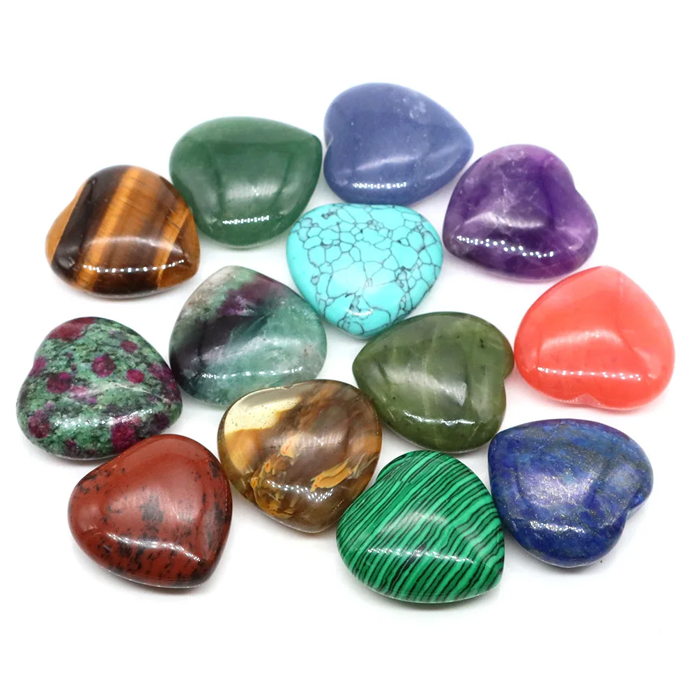 30mm Natural Stone Crystal Heart Shaped Amethyst Rose Quartz 7 Chakras Energy Healing Reiki Carved Love Gemstone Room Home Decor
