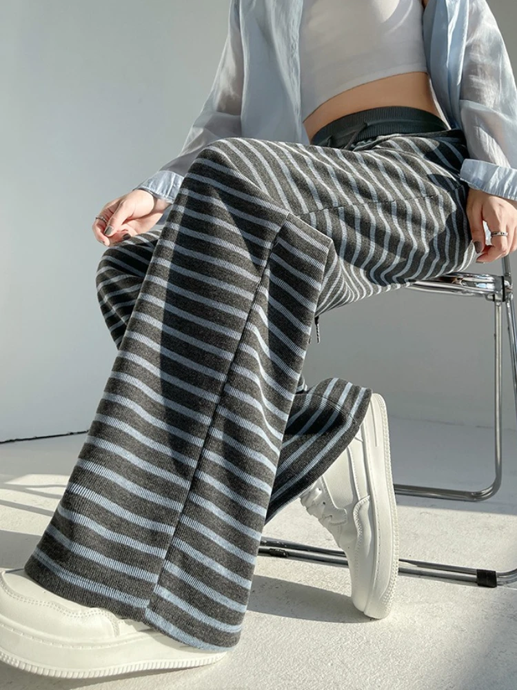 Y2K Pantaloni a gamba larga a righe nere Nuovo autunno a vita alta con coulisse in maglia Pantaloni da passeggio casual larghi Pantaloni lunghi fino al pavimento Streetwear