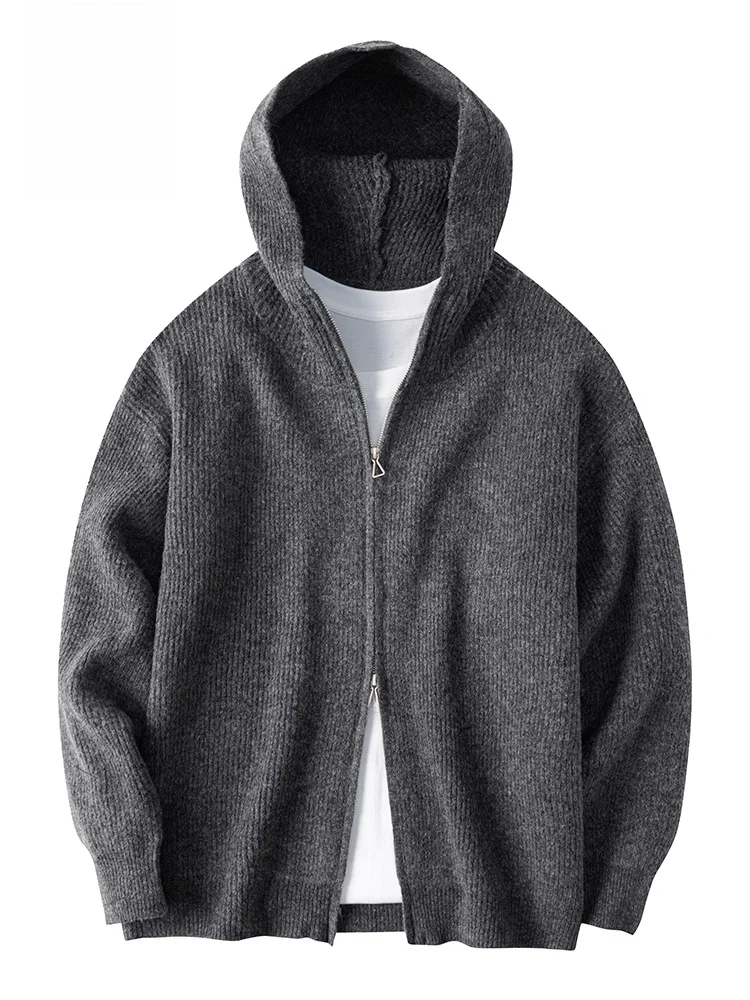 

Rn Men's Casual Knitted Cardigan Hooded Sweater Double Zipper Design Breathable Soft Polyester Fiber Autumn Faion Outerwear