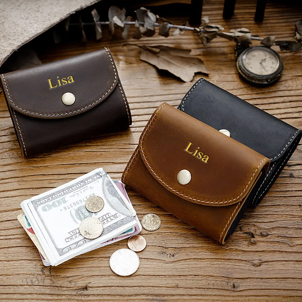 Customized name, retro top layer, Crazy Horse cowhide buckle wallet, men's large-capacity organ card case storage bag