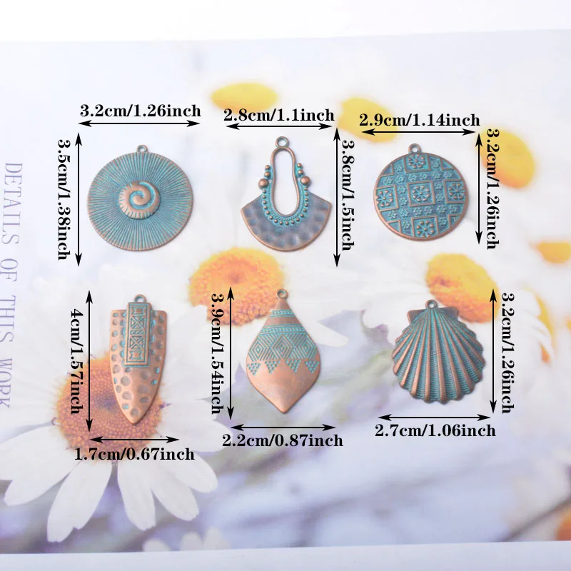 12 Stück/Set Ethnische Antik-Bronze-Anhänger für Schmuckherstellung, Vintage Runde Muschel Quadratische Boho-Anhänger DIY Damen-Ohrringe – Detail 4
