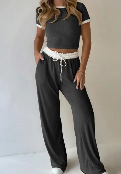 Summer New Casual 2-Piece Set with Contrasting Color Splicing Round Neck Crop Top T-Shirt and Lace Up Straight Leg Pants Set