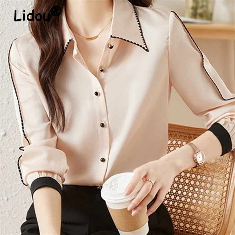 Women High Quality Satin Business Casual Office Lady Shirt Korean Style Elegant Chic Blouse Simple Long Sleeve Tops Blusas Mujer