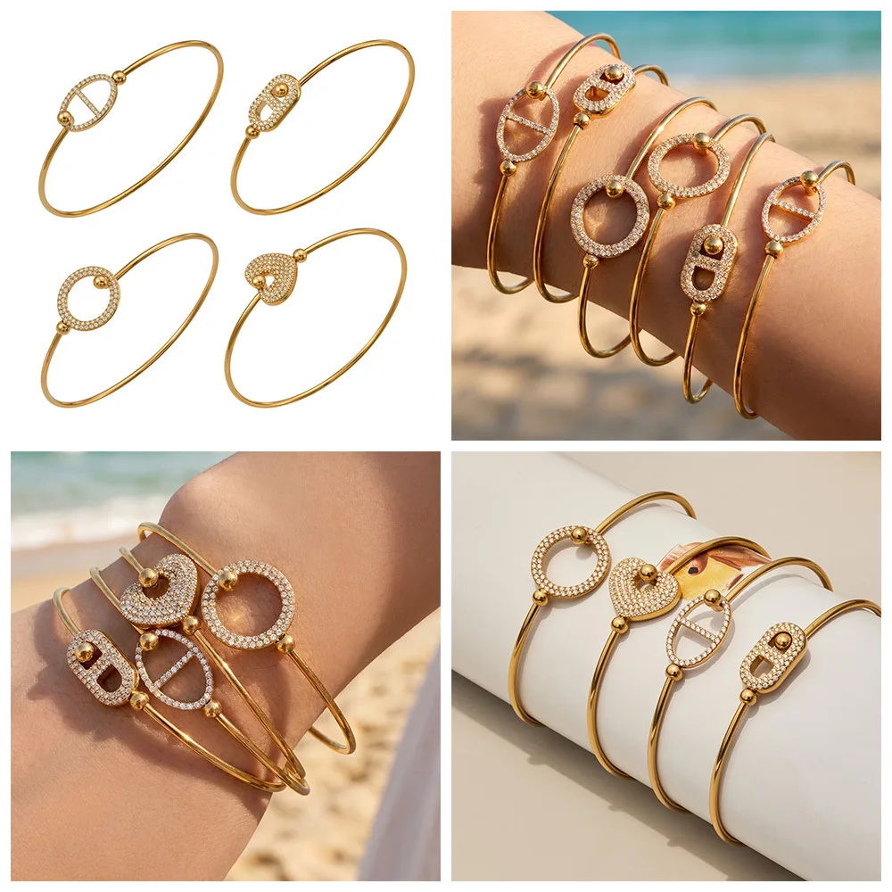 316L Edelstahl 18K vergoldeter Zirkonia-Armreif mit rundem Ring und Herz-Design für Damen, Vintage-Luxus-Schmuck für den Alltag. – Detail 1