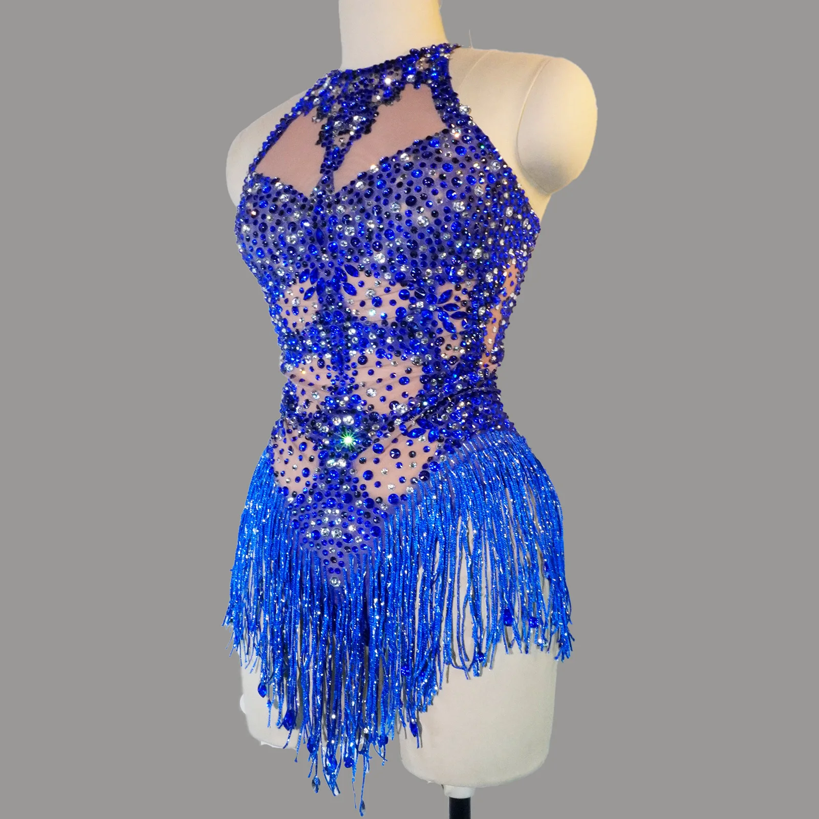 Brilliant Blue Diamond Sequin Pattern Halter Neck Sheer Fringe Bodysuit for Dance Nightclub Drag Queen performance Costume