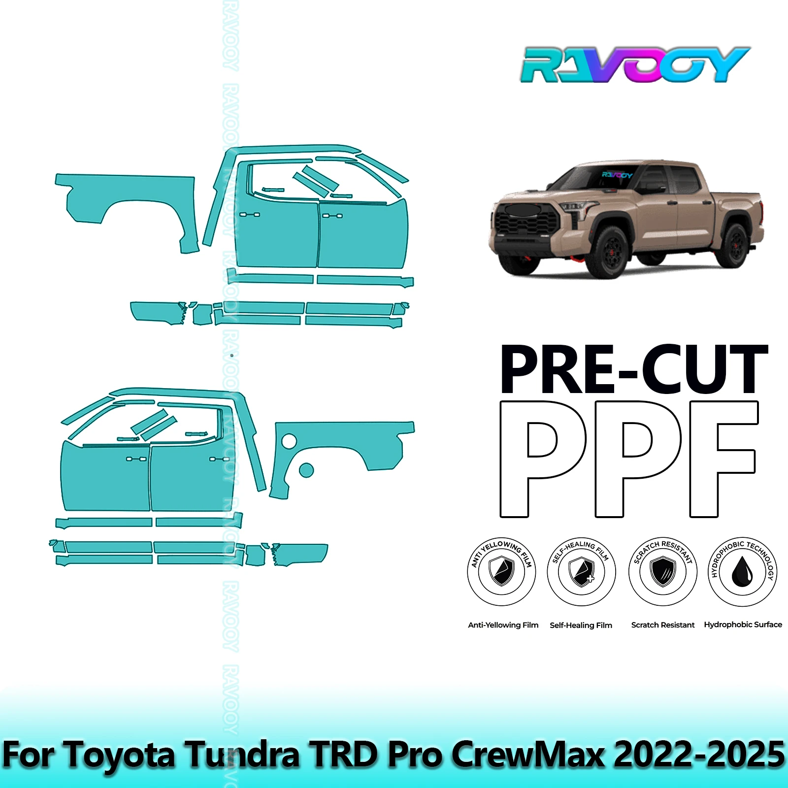 

For Toyota Tundra TRD Pro CrewMax 2022-2025 8.5mil Clear Matte Pre-Cut PPF Door & A/B Pillar Kit TPU Paint Protection Film Set