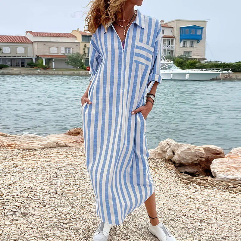 Elegant Turn Down Collar Linen Breathable Dress Trendy Casual Loose Pocket Dress Summer Stripe Long Sleeve Shirt Dress For Women
