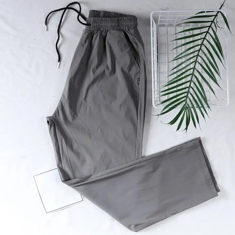 Men Zipper Pocket Pants Quick-drying Ice Silk Men's Sweatpants with Drawstring Waist Side Pockets for Gym Training Jogging Solid