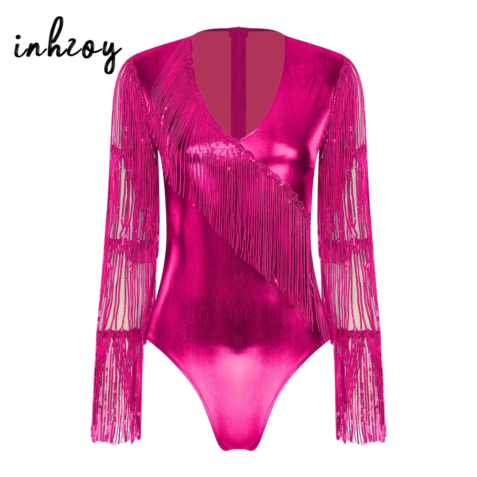 

Женский блестящий металлический боди с V-образным вырезом, многослойными пайетками-кисточками и длинными сетчатыми рукавами для сценических выступлений и джазовых танцев