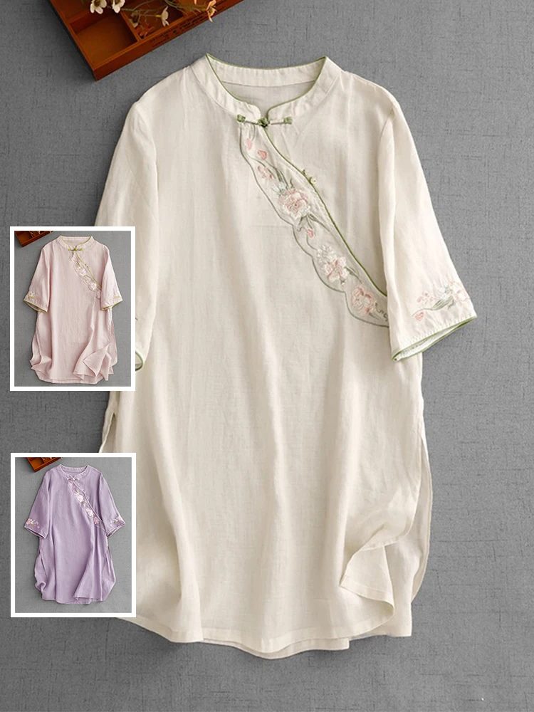 

Льняной вышитый топ средней длины, большой размер, женский косой све, воротник-стойка с боковым разрезом, летний повседневный топ