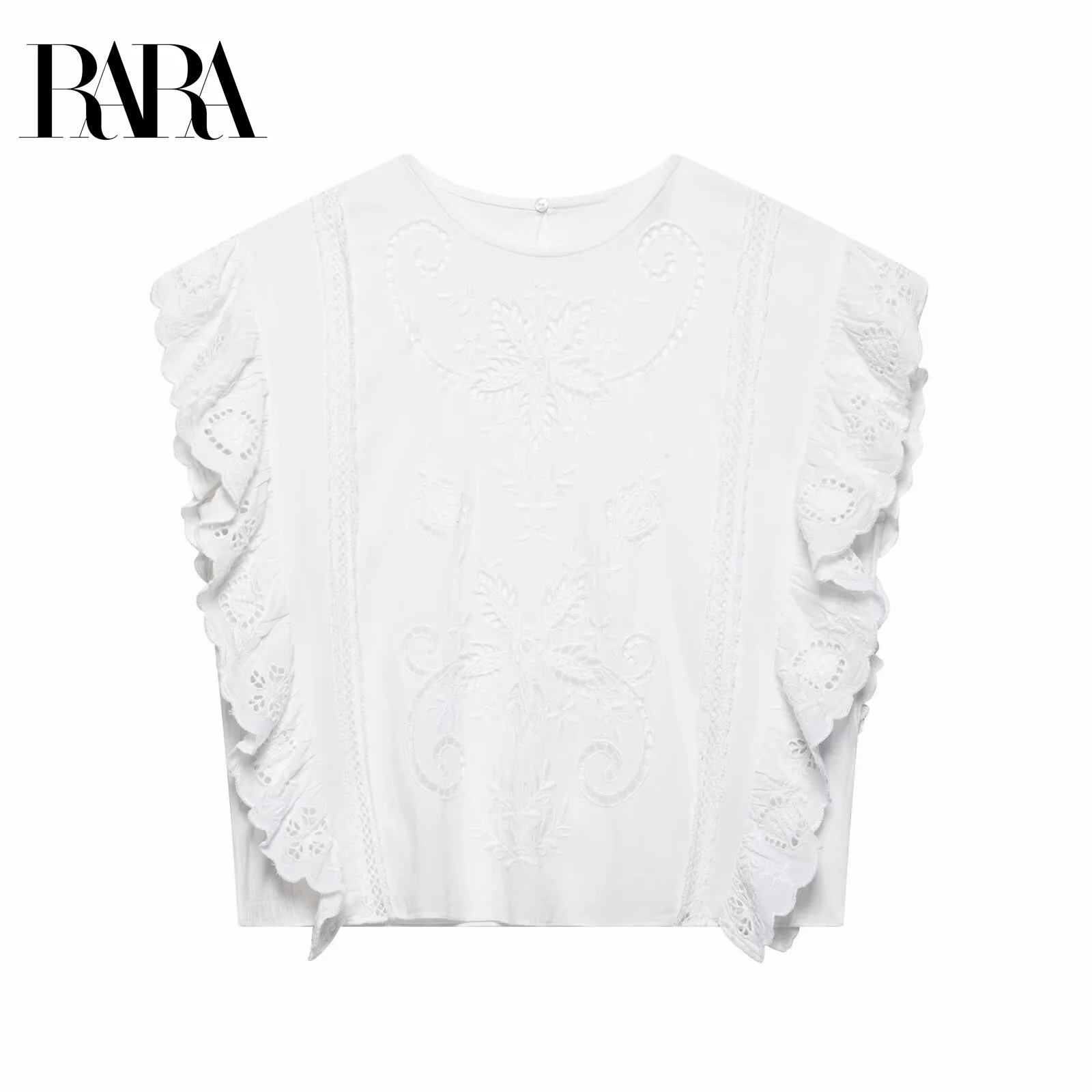 

RARA Womens Embroidery Hollow Short Sleeve Top Stylish Ruffled Design Cutout Detail Ladies Fashion Blouse