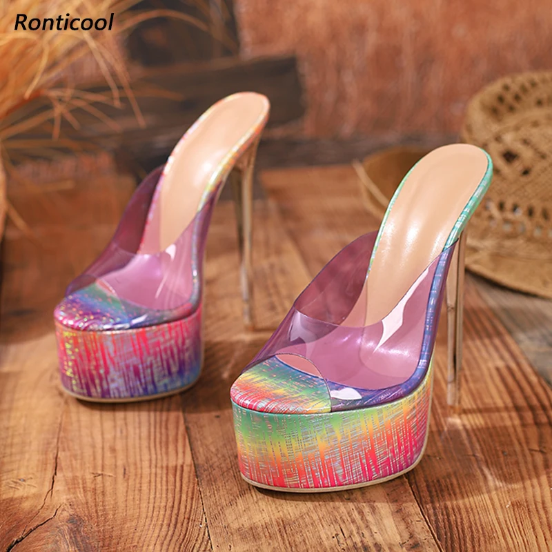 

Artisan Crafted Women's Rainbow Hologram Platform Mules - Handmade Slide Sandals with Metallic Heel Ladies US Plus Size 35-42