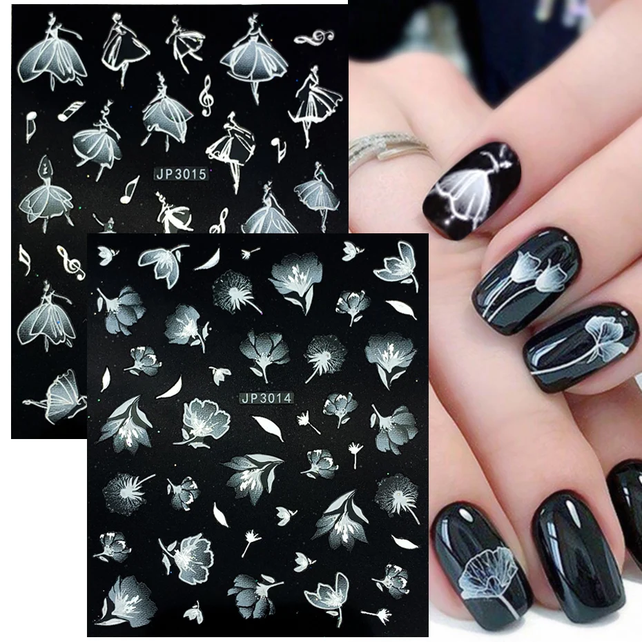 5D White Lace Flowers Nail Stickers Leaf Ballet Geometry Butterfly Gradient Abstract Nail Design Slider Decor SAJP3001-3018