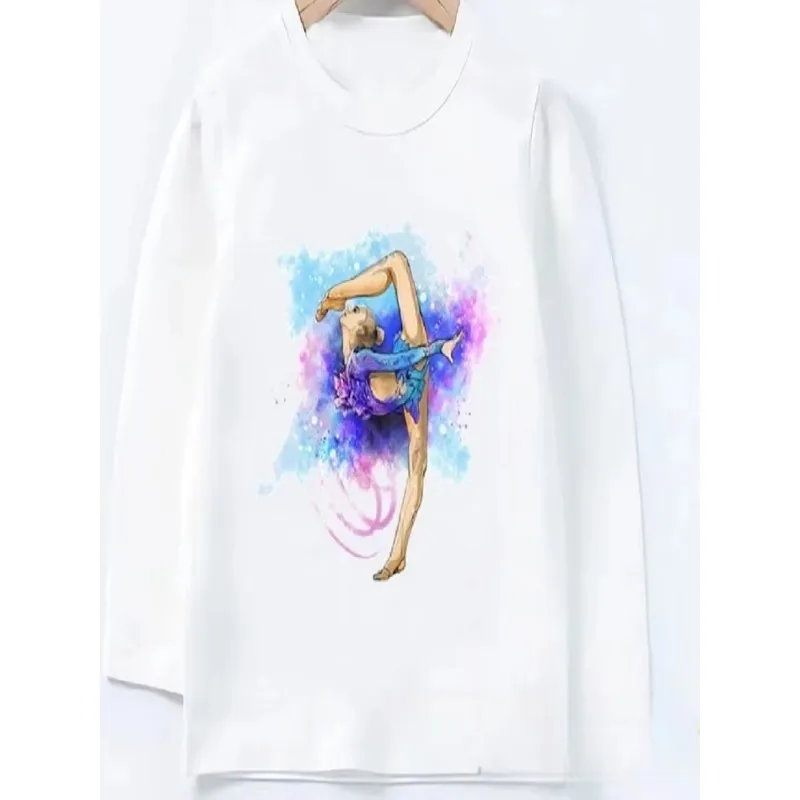 

Watercolor Ballet Dancer Print Funny Kids T-Shirts Gymnastics Dance Girls Clothes Casual White Long Sleeve T Shirt Tops