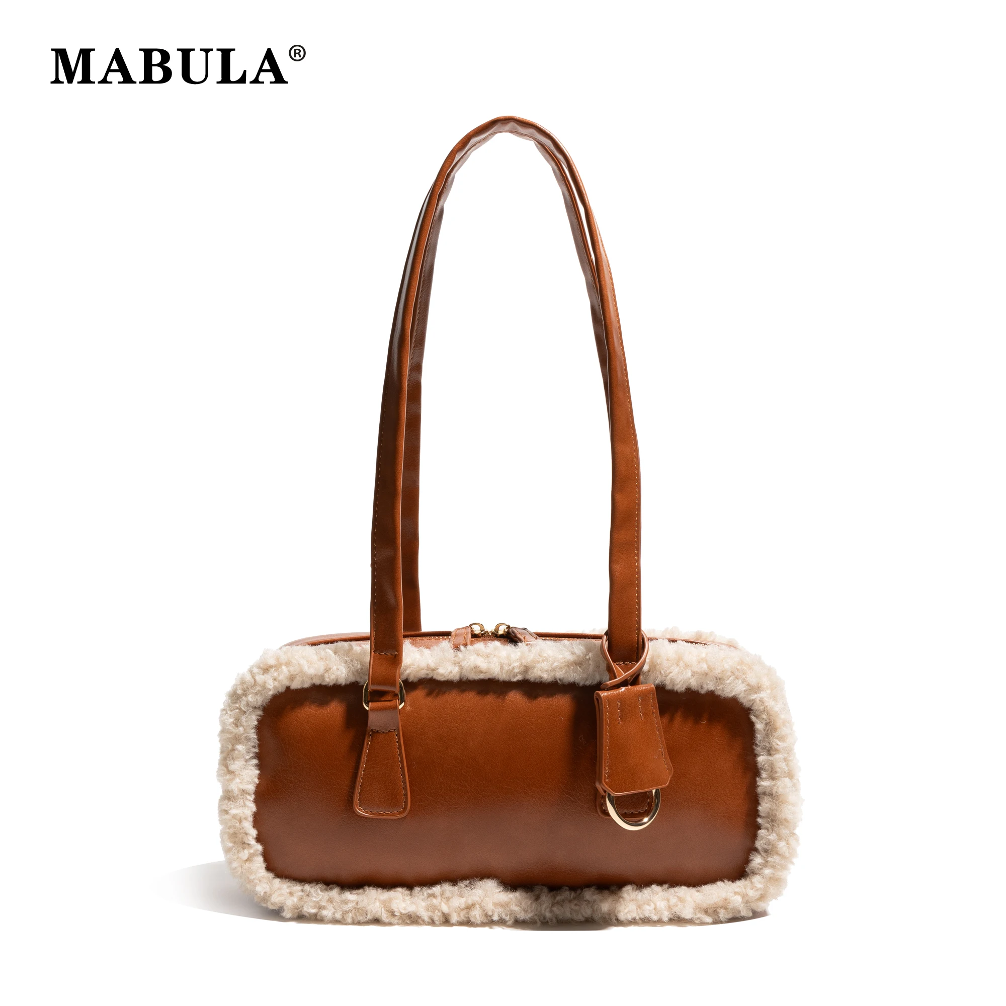 

MABULA Winter PU Spliced Lamb Fabric Boston Bag Underarm Shoulder Shopping Phone Purse Luxury Design Lady Stylish Commuter Pouch