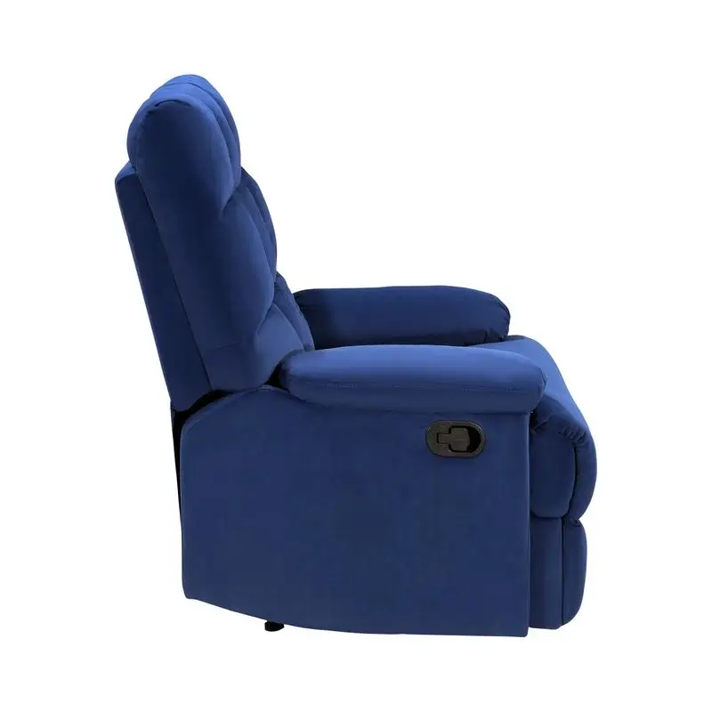 Modern Blue Velvet Reclining Chair, Square Tufted Back, Pillowtop Arms, Solid Wood, Stylish Living Room Recliner Furniture, 1