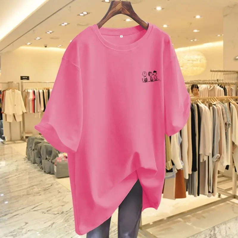 Women Cotton  Loose T-shirt Female Short Sleeve Basic Solid Simple Pullovers Summer Tops