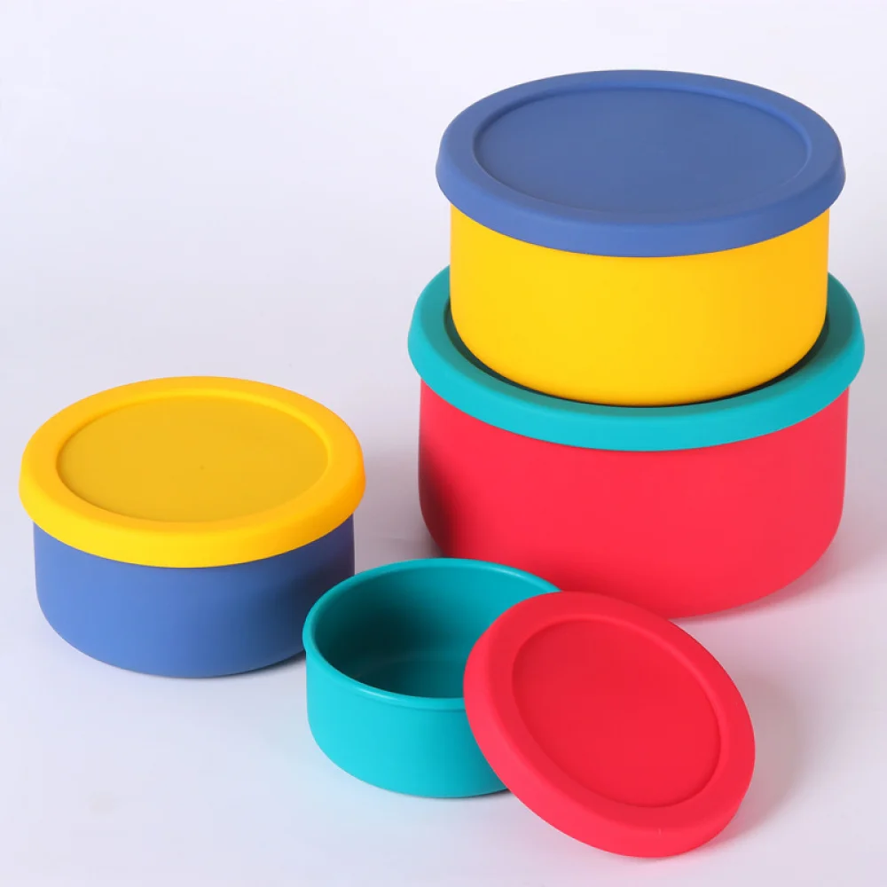 Beadsnice 1set/lot Round Silicone Food Storage Container Portable Silicone Lunch Box Outdoor Lunch Container for Children